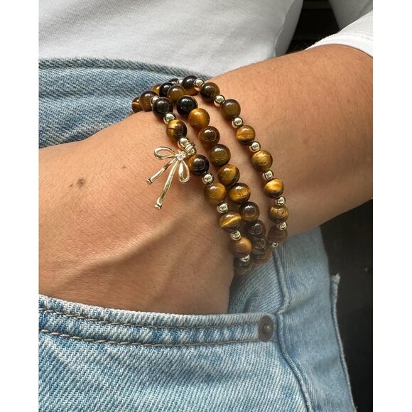 Tiger Eye Flower Handmade Stretch Dainty Bead Bow Charm Bracelet for Women - Picture 3 of 6